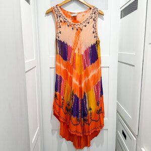 CYN Dress Midi Tie-Dye Beach Boho Bohemian Hippie Neon Peach Pink